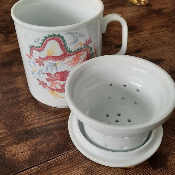 Asian Themed DRAGON Porcelain Tea Cup Diffuser 3-Piece. Cup, Lid, and Strainer - Picture 5 of 8